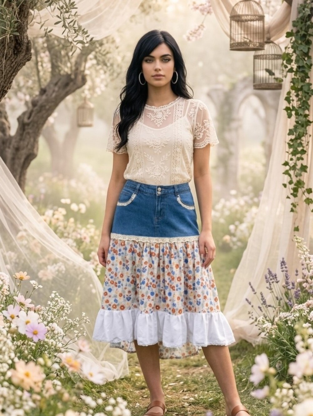 OOAK HI-LO DENIM FLORAL SKIRT 10/12